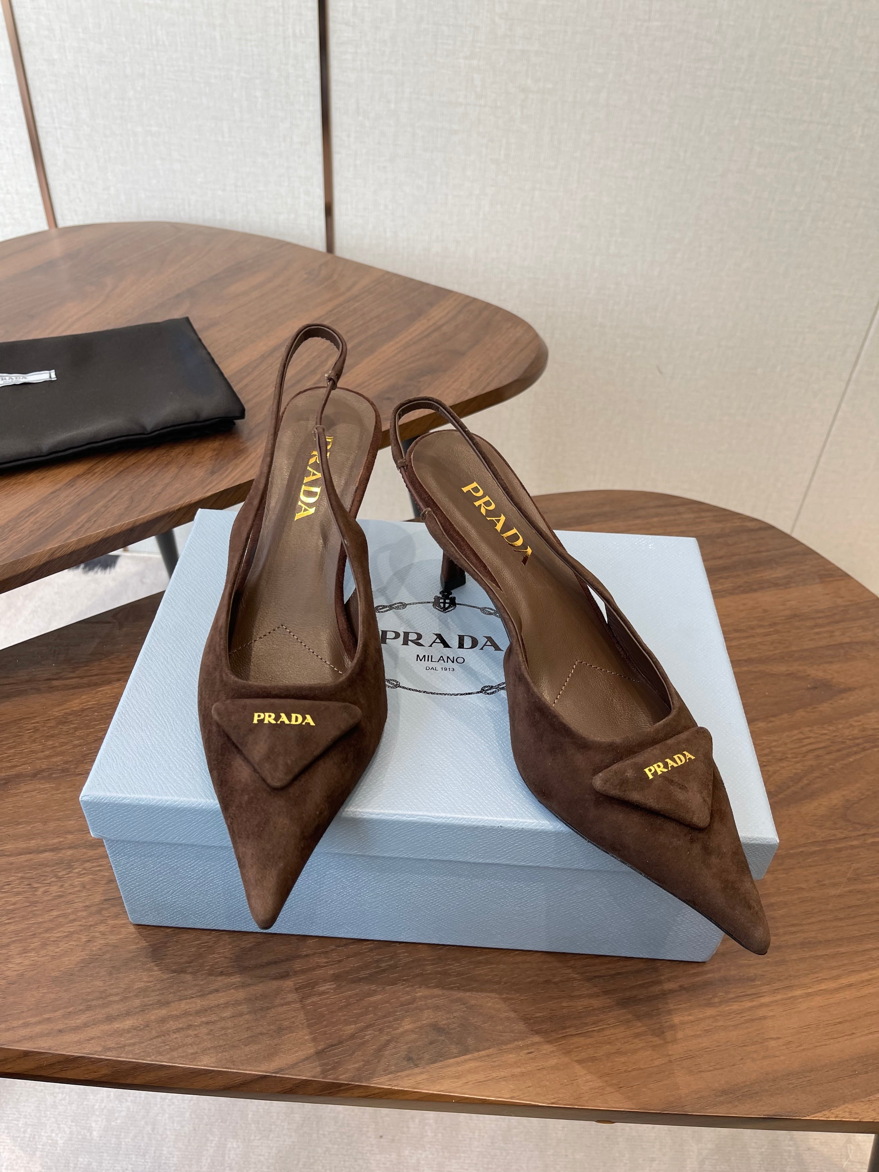 PRADA 26S SLINGBACK PUMPS 75MM IN DARK BROWN SUEDE WITH LOGO