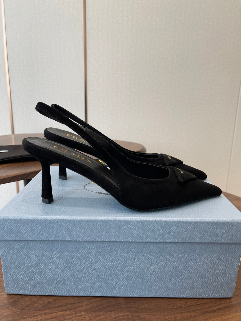 PRADA 26S SLINGBACK PUMPS 75MM IN BLACK SUEDE WITH LOGO