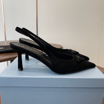 PRADA 26S SLINGBACK PUMPS 75MM IN BLACK SUEDE WITH LOGO