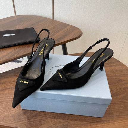 PRADA 26S SLINGBACK PUMPS 75MM IN BLACK SUEDE WITH LOGO