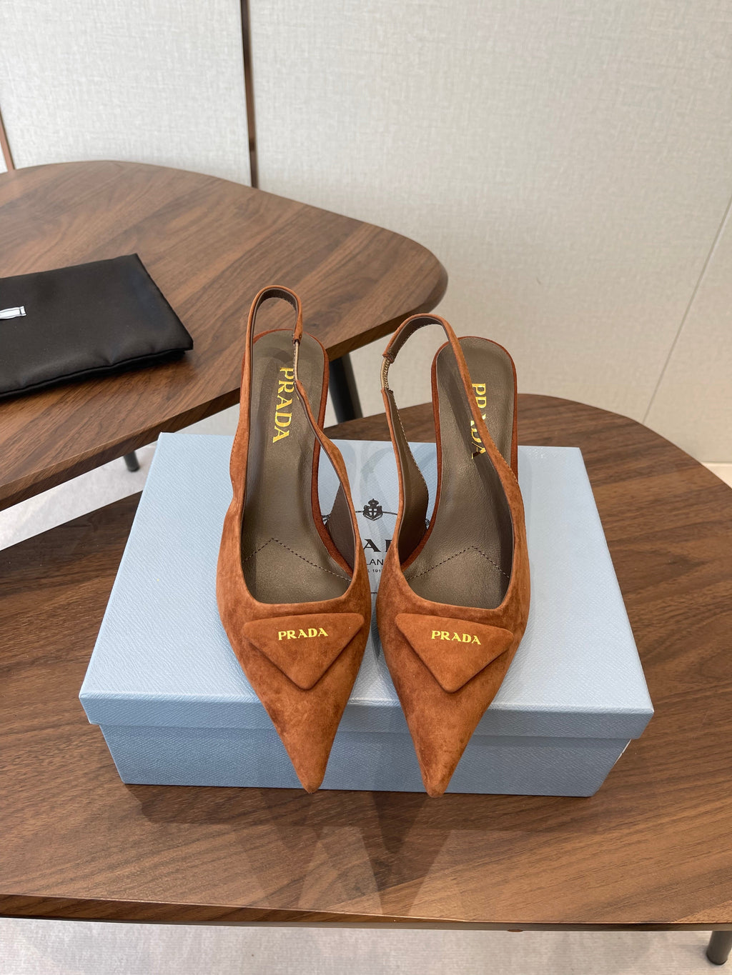 PRADA 26S SLINGBACK PUMPS 75MM IN CARAMEL BROWN SUEDE WITH LOGO