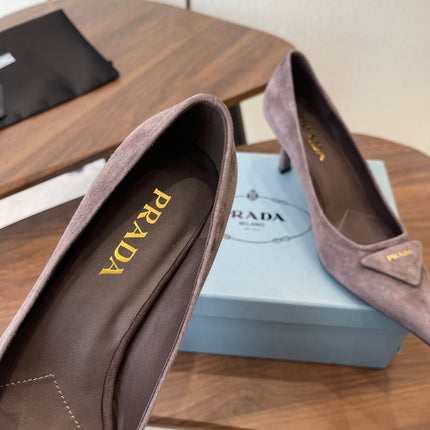 PRADA 26S SLINGBACK PUMPS 75MM IN TAUPE BROWN SUEDE WITH LOGO