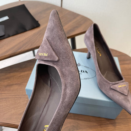 PRADA 26S SLINGBACK PUMPS 75MM IN TAUPE BROWN SUEDE WITH LOGO