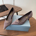 PRADA 26S POINTED TOE HIGH HEELS 75MM IN TAUPE BROWN SUEDE WITH LOGO