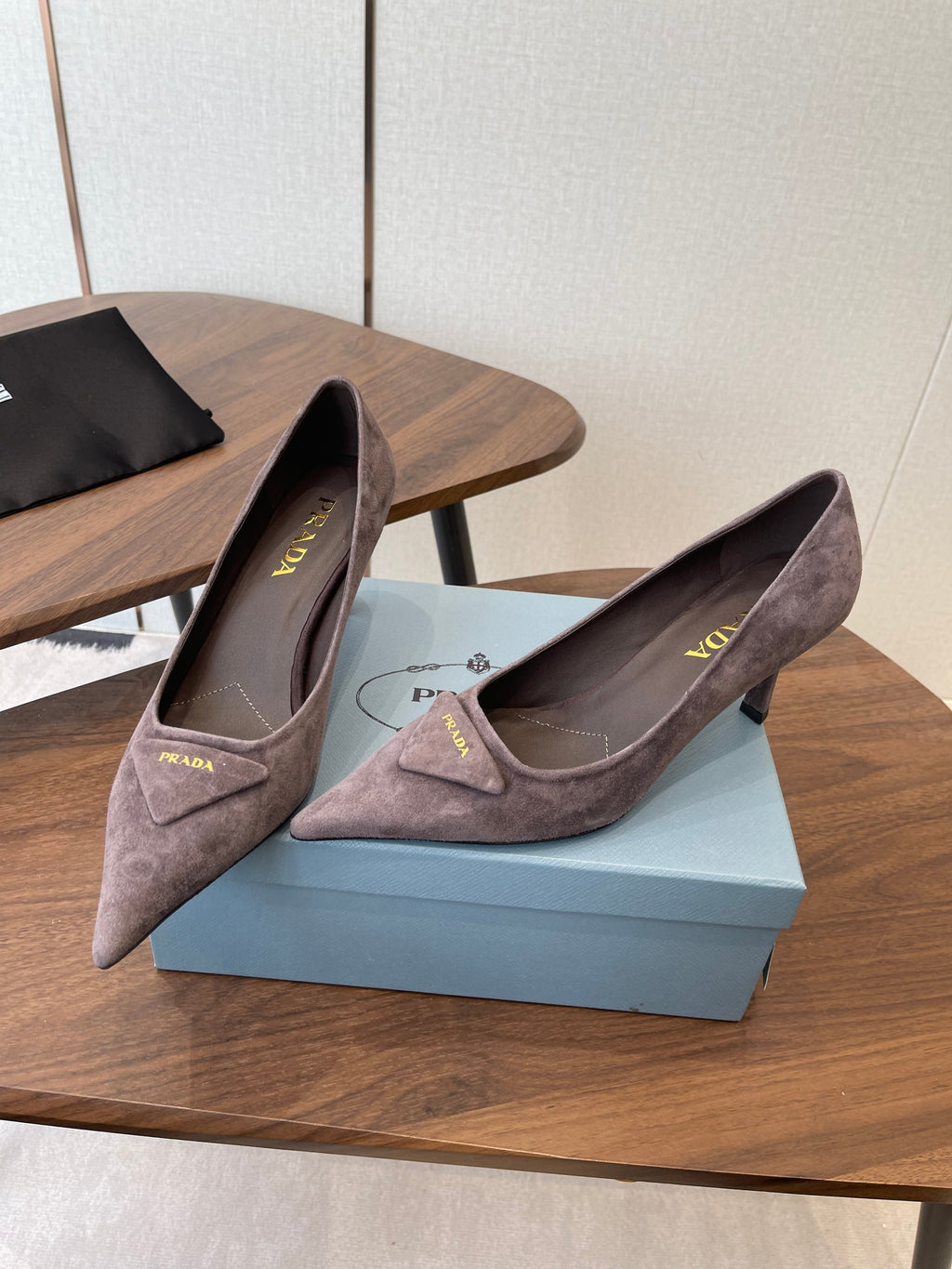 PRADA 26S SLINGBACK PUMPS 75MM IN TAUPE BROWN SUEDE WITH LOGO