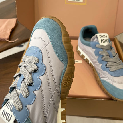 MIUMIU 26S SNEAKERS IN LIGHT GRAY AND BLUE FABRIC AND SUEDE