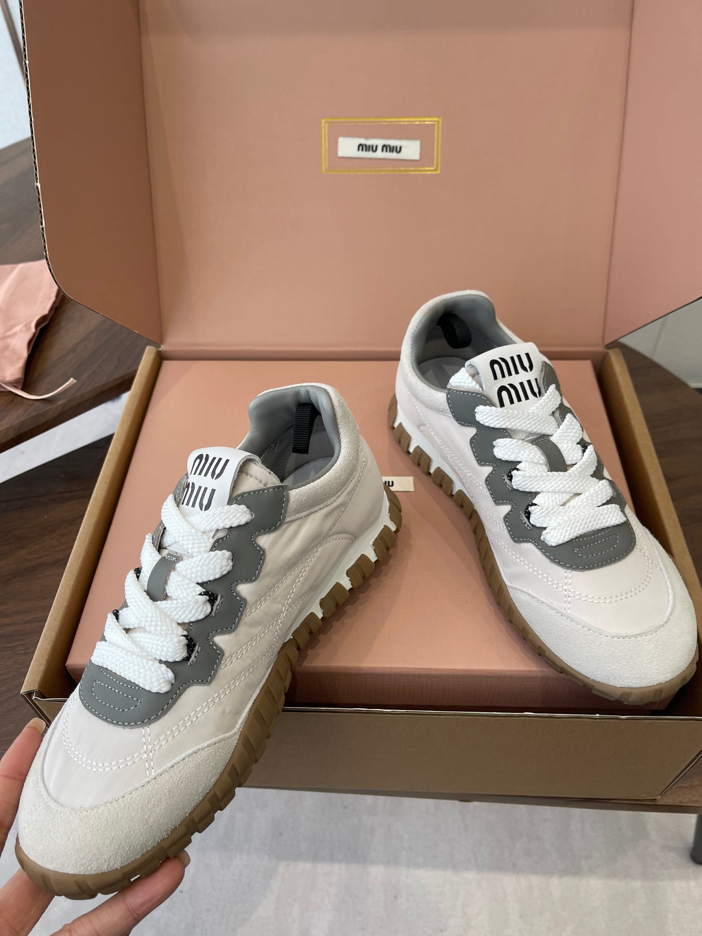 MIUMIU 26S SNEAKERS IN WHITE AND GRAY FABRIC AND SUEDE