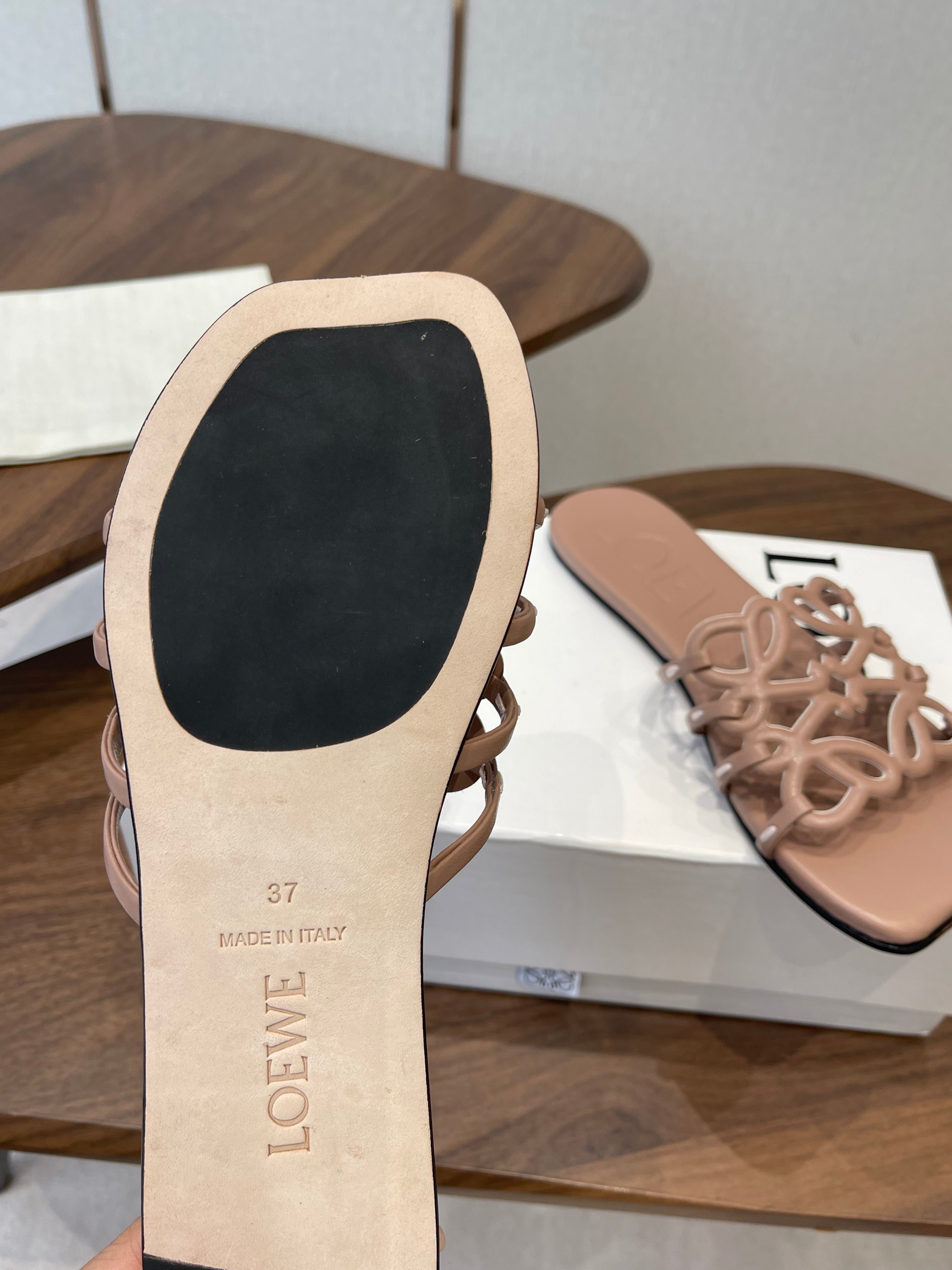 LOEWE 26S PETAL ANAGRAM SLIDE IN TAUPE BROWN CALFSKIN