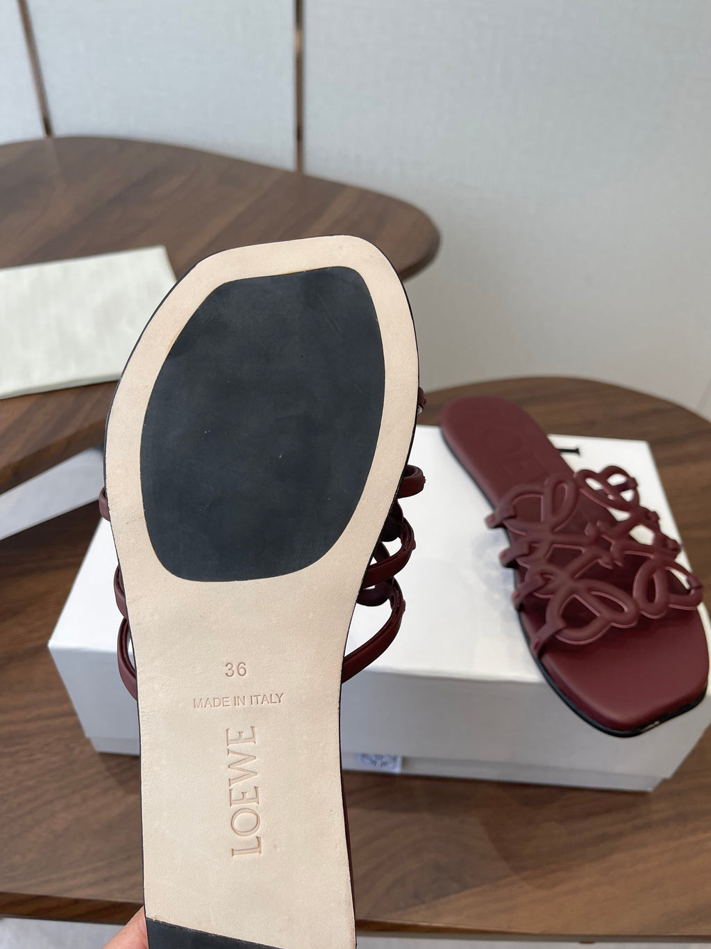 LOEWE 26S PETAL ANAGRAM SLIDE IN WINE RED CALFSKIN