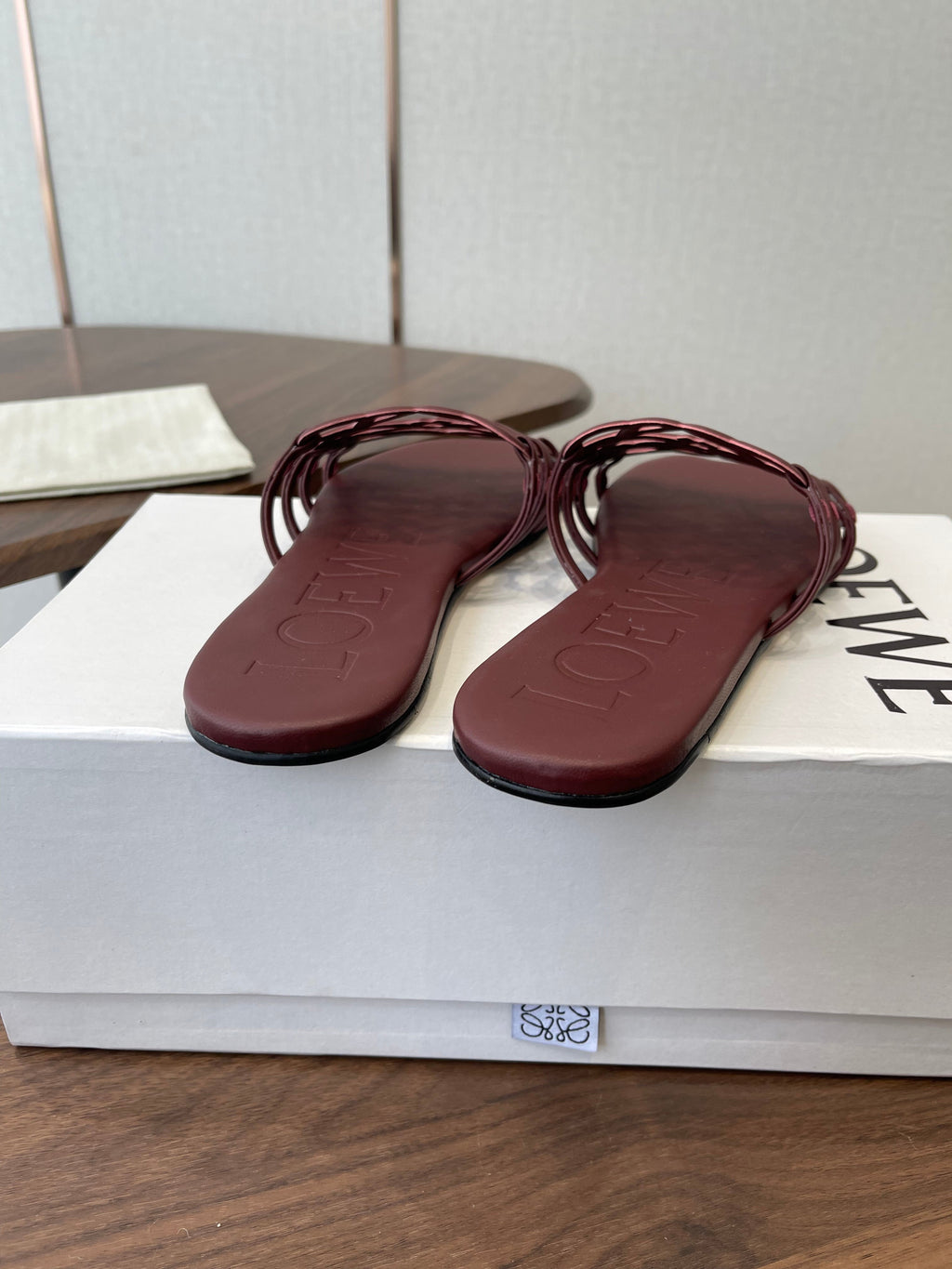 LOEWE 26S PETAL ANAGRAM SLIDE IN WINE RED CALFSKIN