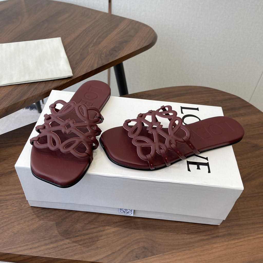LOEWE 26S PETAL ANAGRAM SLIDE IN WINE RED CALFSKIN