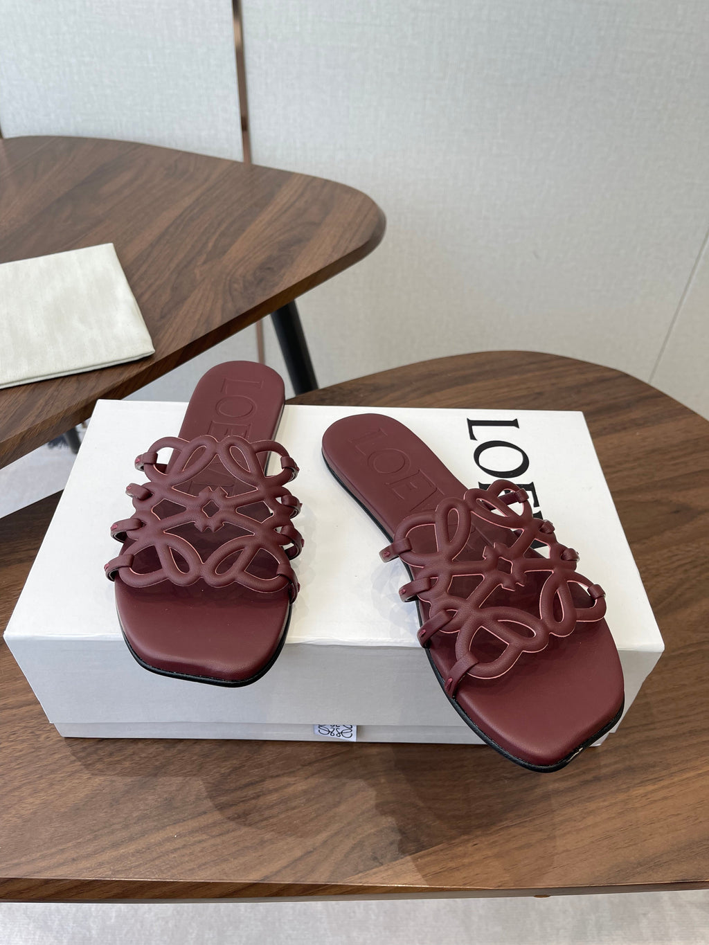 LOEWE 26S PETAL ANAGRAM SLIDE IN WINE RED CALFSKIN