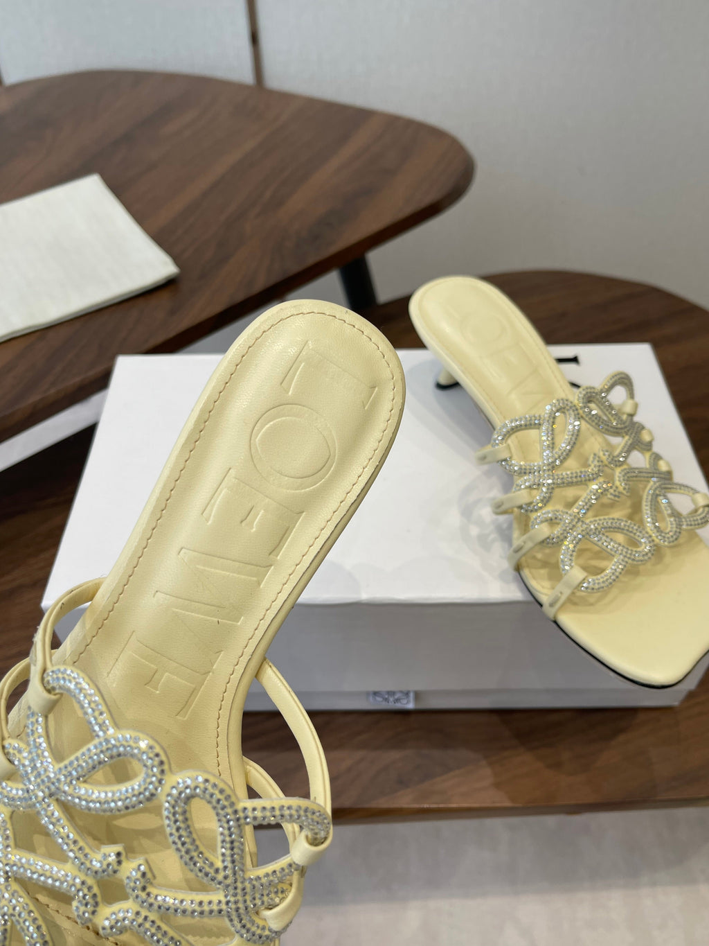LOEWE 26S HIGH HEEL SANDALS IN LIGHT YELLOW CALFSKIN WITH CRYSTALS