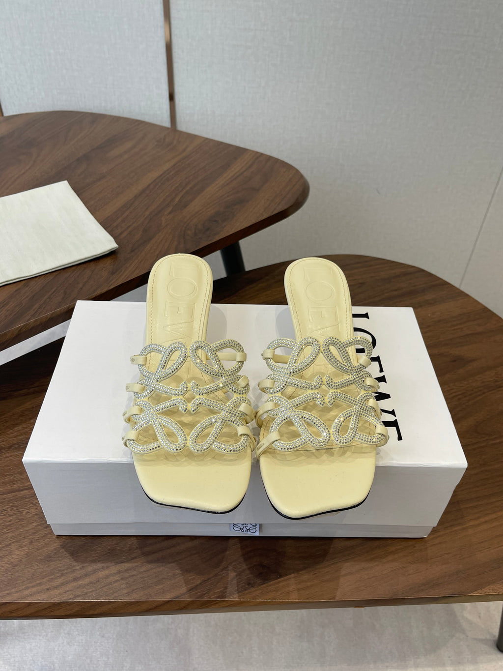 LOEWE 26S HIGH HEEL SANDALS IN LIGHT YELLOW CALFSKIN WITH CRYSTALS