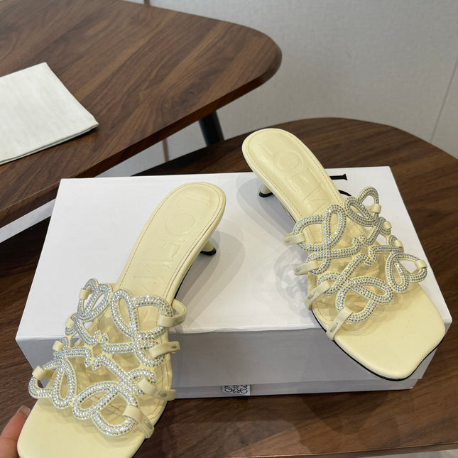 LOEWE 26S HIGH HEEL SANDALS IN LIGHT YELLOW CALFSKIN WITH CRYSTALS