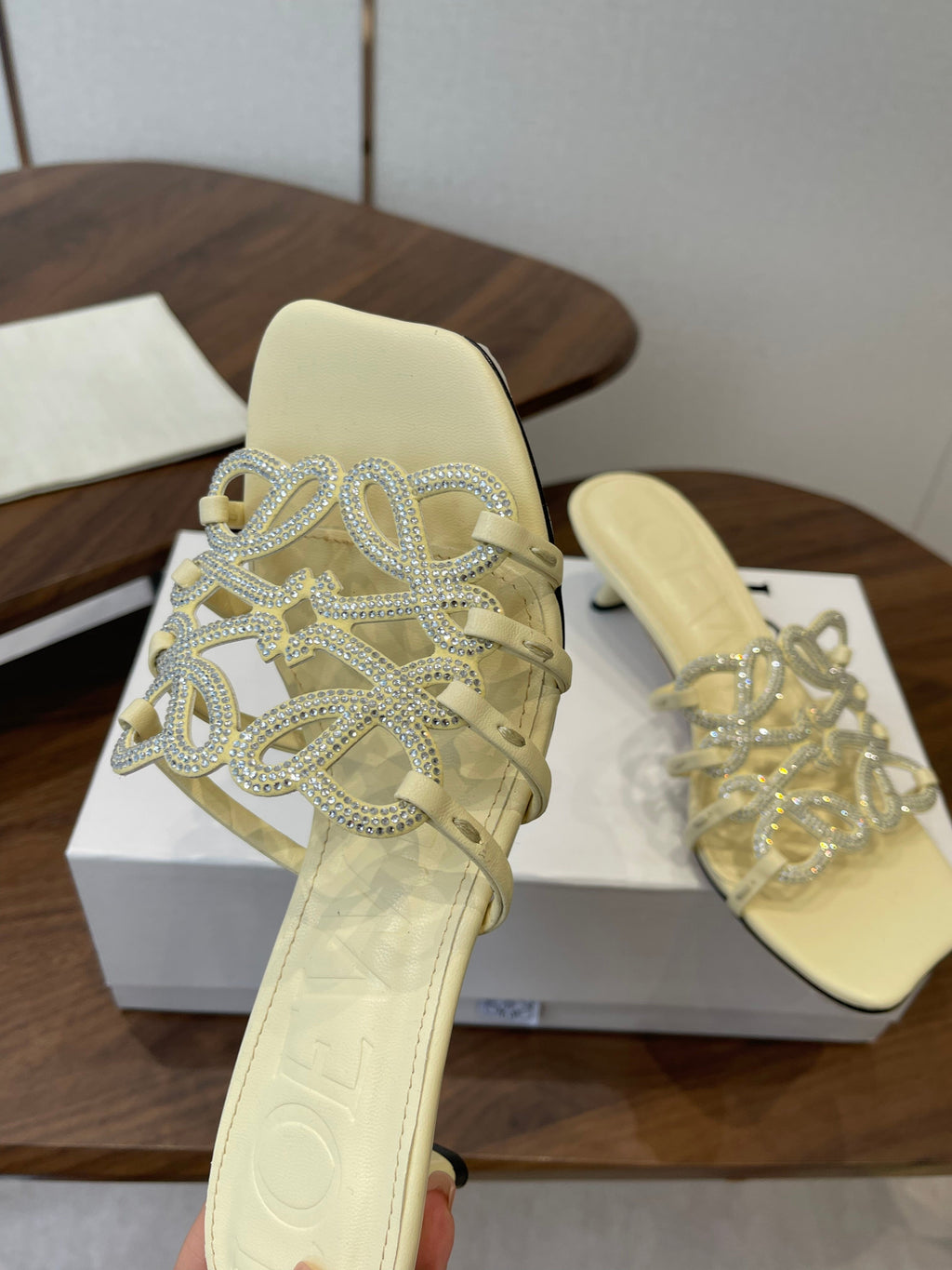 LOEWE 26S HIGH HEEL SANDALS IN LIGHT YELLOW CALFSKIN WITH CRYSTALS
