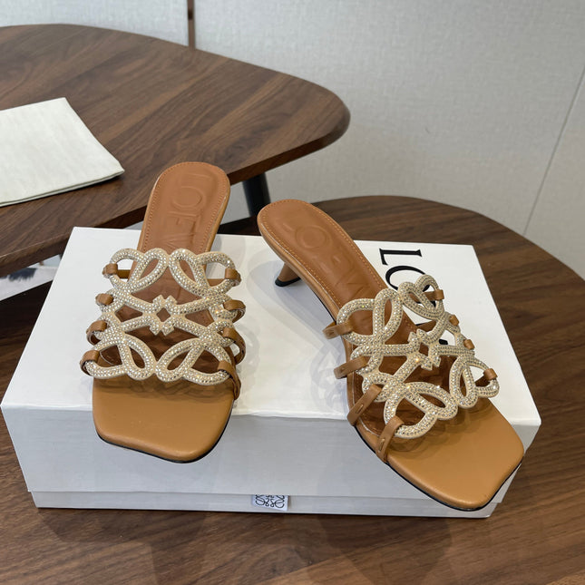 LOEWE 26S HIGH HEEL SANDALS IN CAMEL BROWN CALFSKIN WITH CRYSTALS