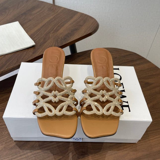 LOEWE 26S HIGH HEEL SANDALS IN CAMEL BROWN CALFSKIN WITH CRYSTALS