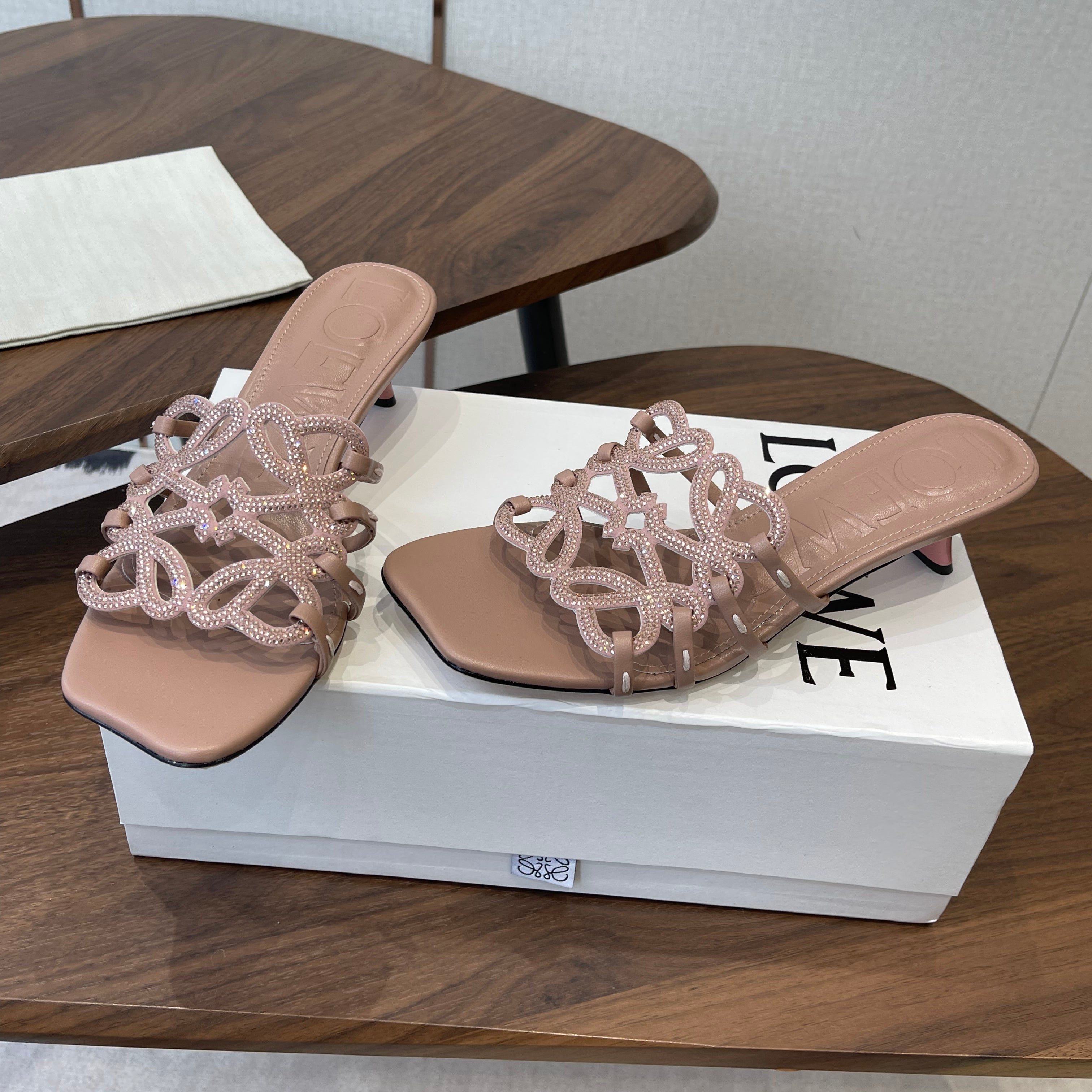 LOEWE 26S HIGH HEEL SANDALS IN TAUPE BROWN CALFSKIN WITH CRYSTALS