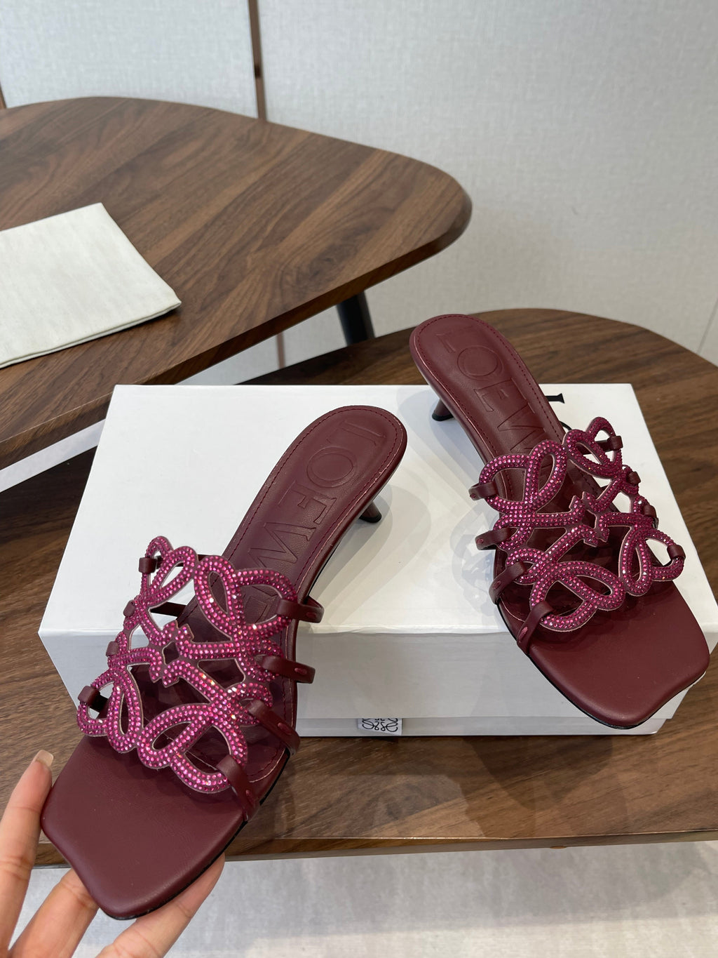 LOEWE 26S HIGH HEEL SANDALS IN WINE RED CALFSKIN WITH CRYSTALS