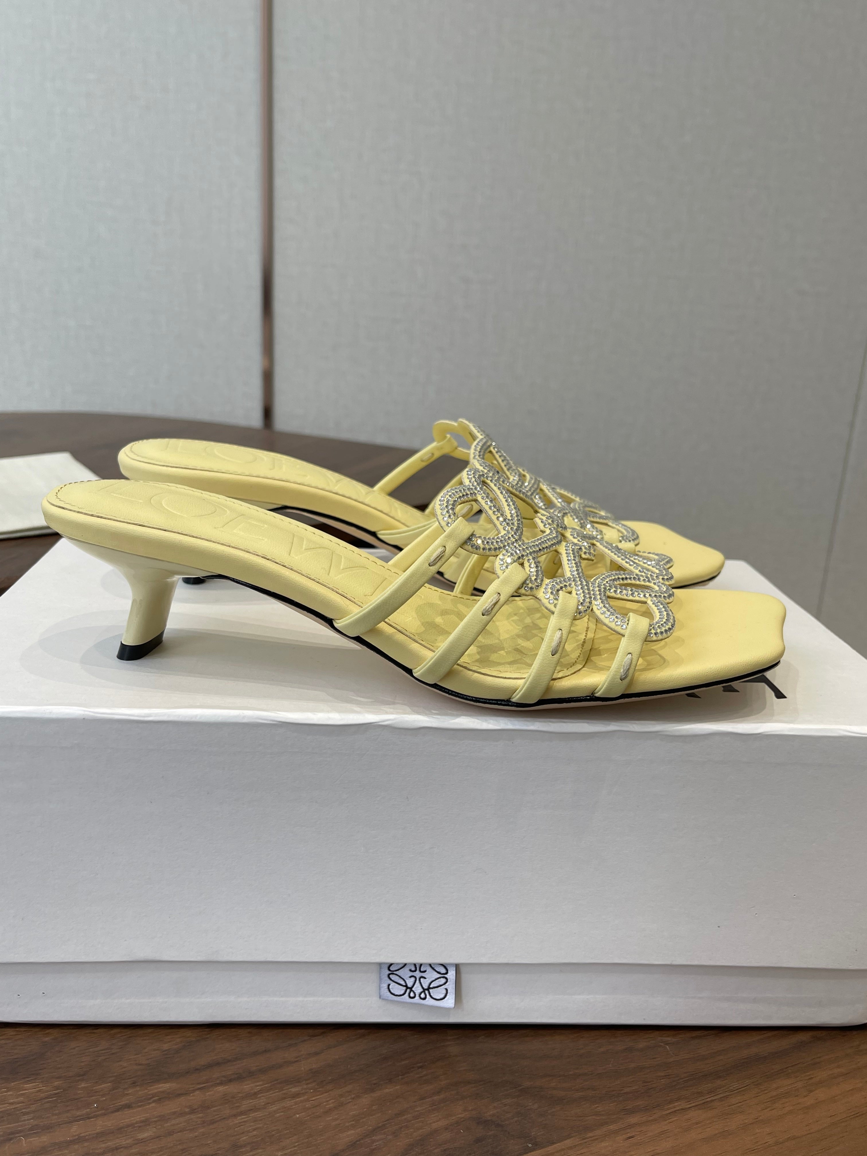 LOEWE 26S HIGH HEEL SANDALS IN BUTTER YELLOW CALFSKIN WITH CRYSTALS