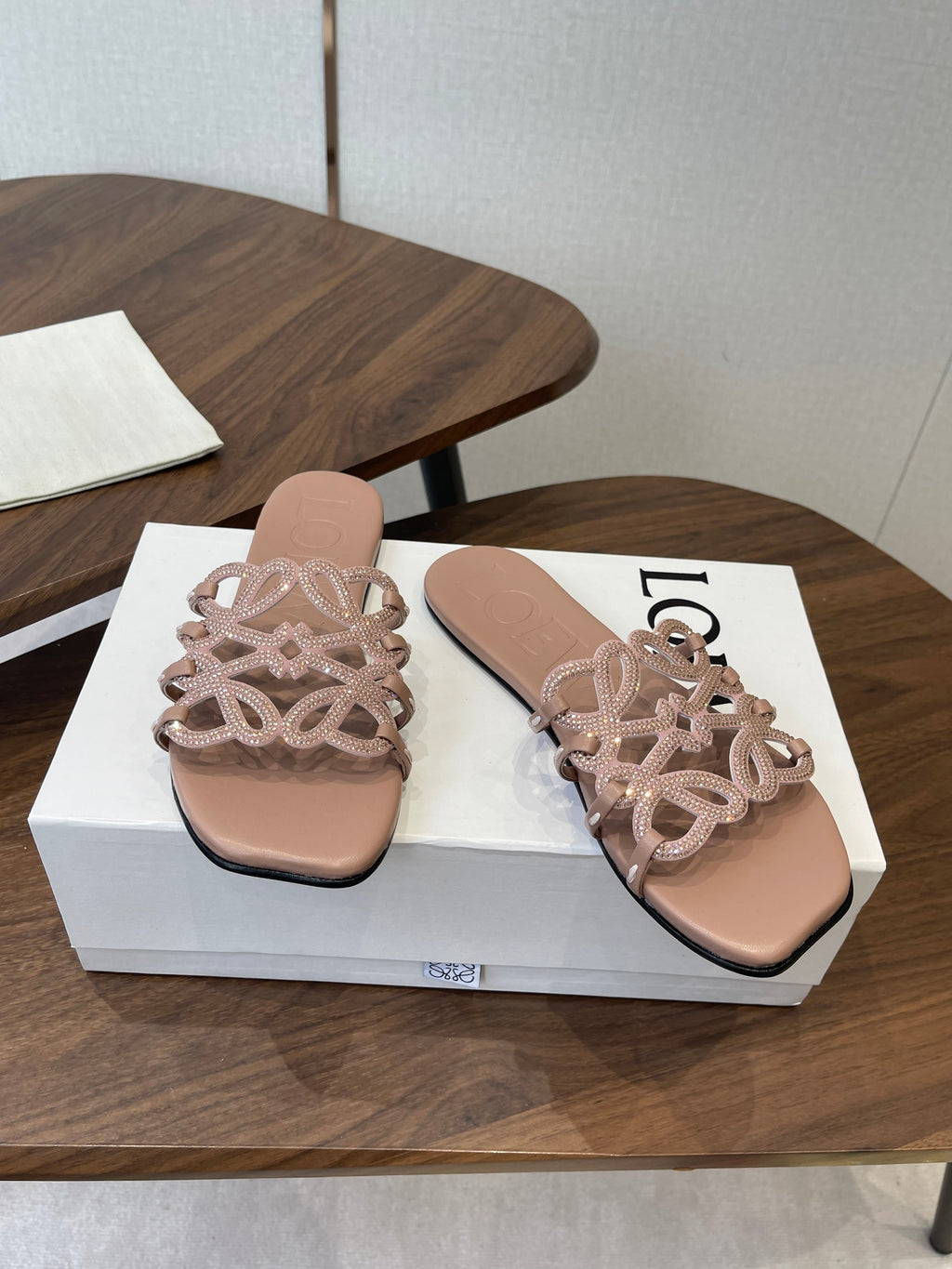 LOEWE 26S PETAL ANAGRAM SLIDE IN TAUPE BROWN CALFSKIN WITH CRYSTALS