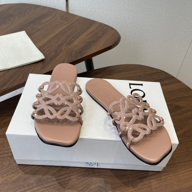 LOEWE 26S PETAL ANAGRAM SLIDE IN TAUPE BROWN CALFSKIN WITH CRYSTALS