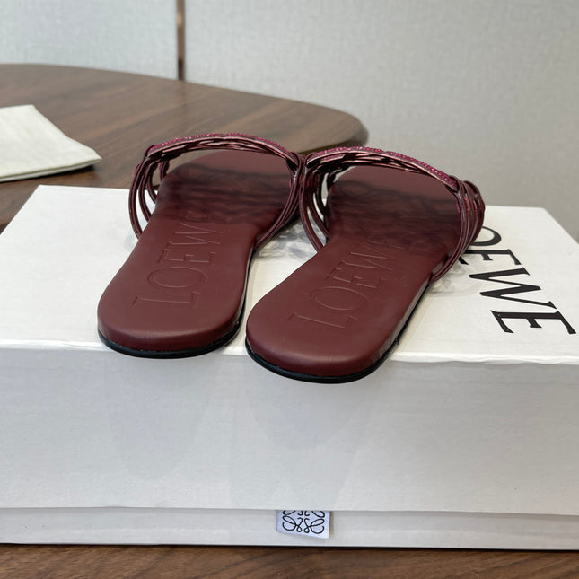 LOEWE 26S FLAT SANDALS IN WINE RED CALFSKIN WITH CRYSTALS
