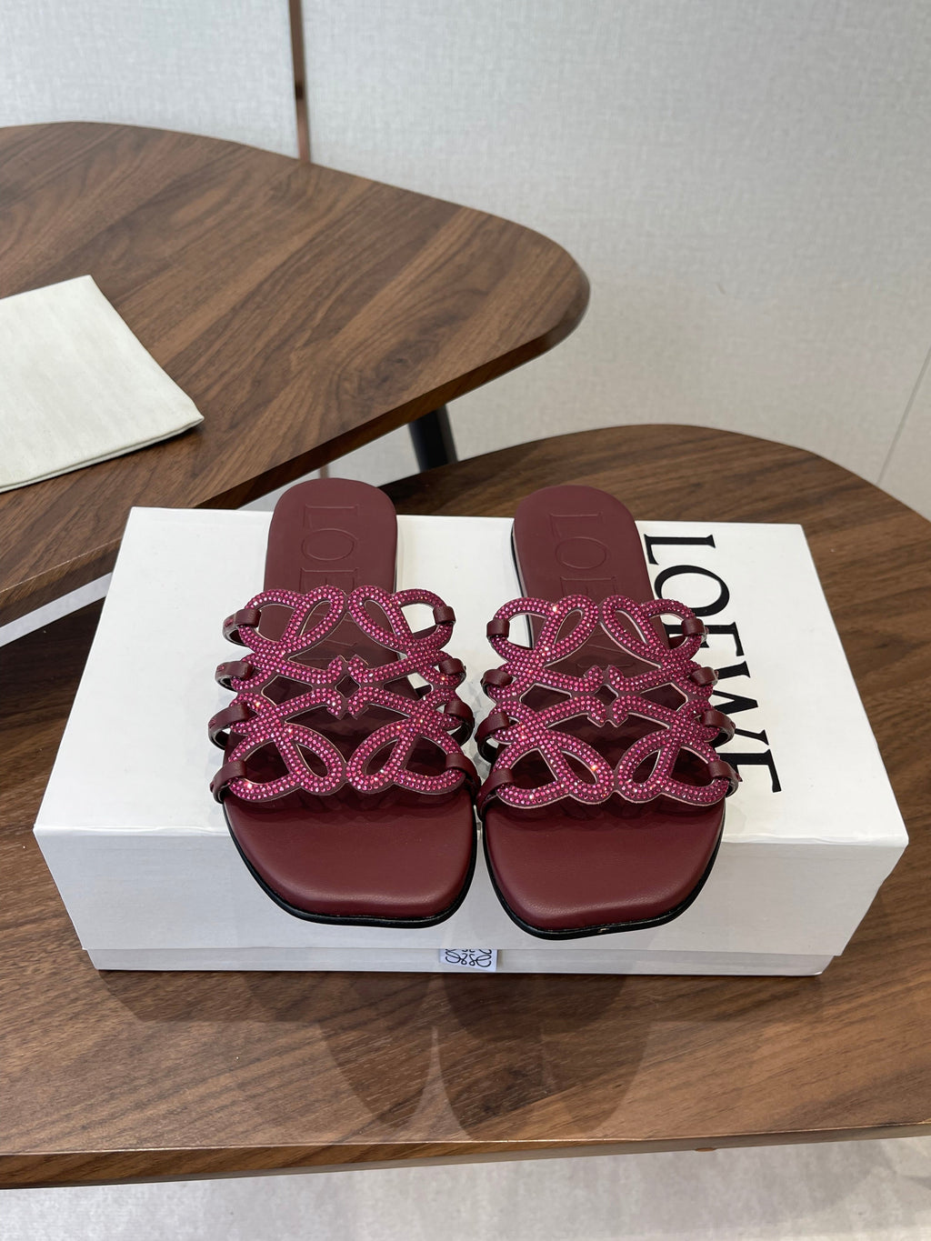 LOEWE 26S FLAT SANDALS IN WINE RED CALFSKIN WITH CRYSTALS