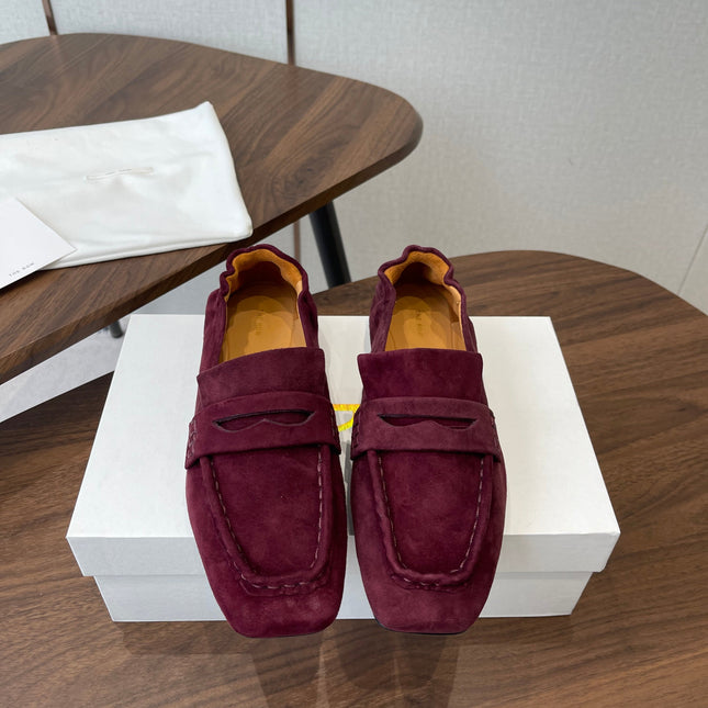 THE ROW 26S SQUARE TOE LOAFERS IN BURGUNDY RED SUEDE