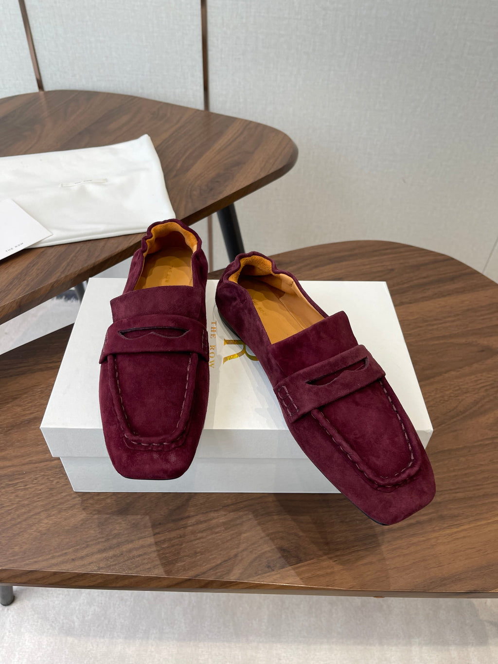 THE ROW 26S SQUARE TOE LOAFERS IN BURGUNDY RED SUEDE