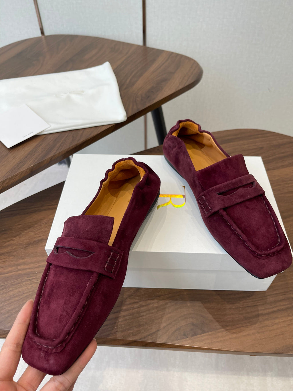 THE ROW 26S SQUARE TOE LOAFERS IN BURGUNDY RED SUEDE