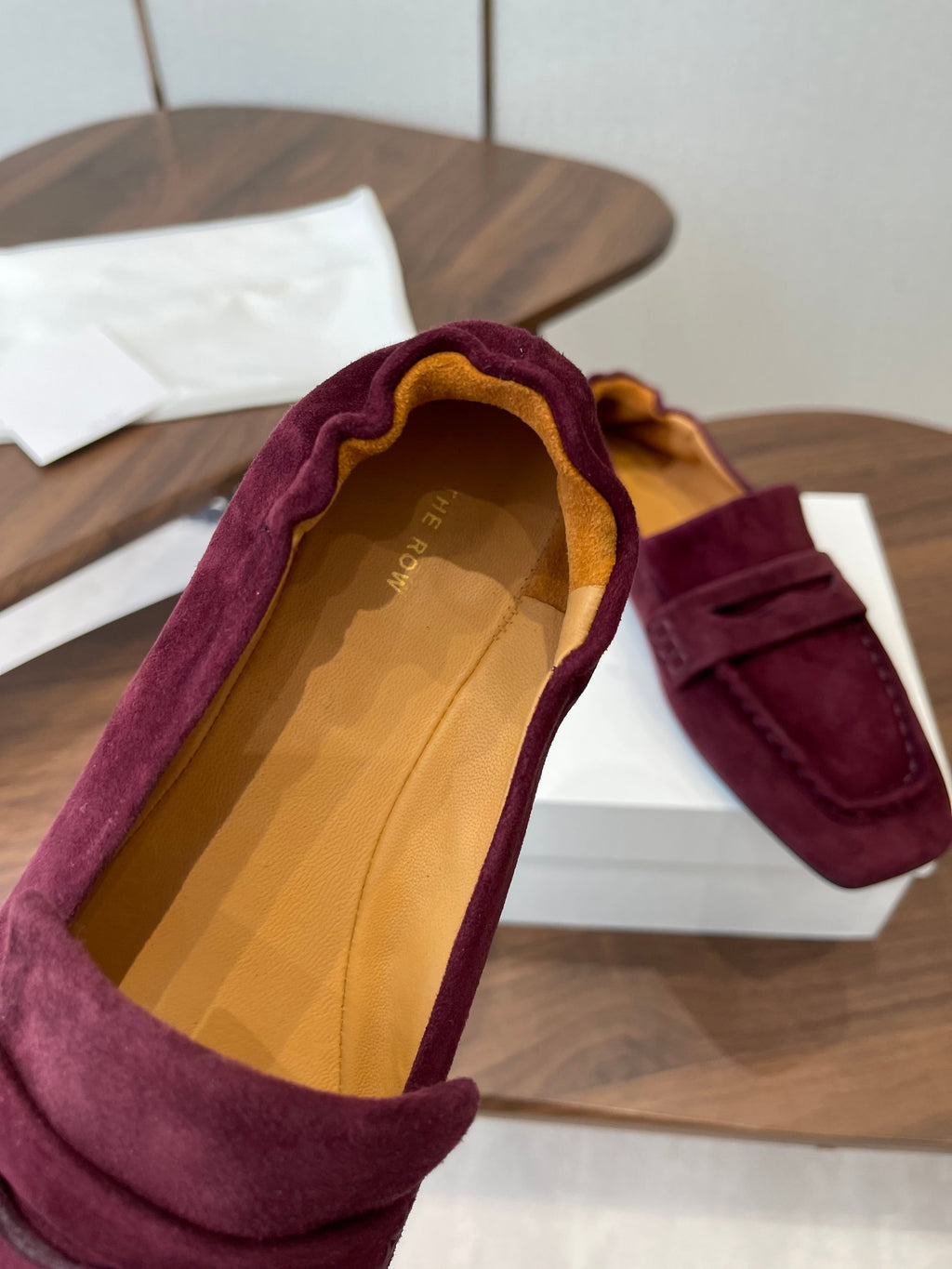 THE ROW 26S SQUARE TOE LOAFERS IN BURGUNDY RED SUEDE