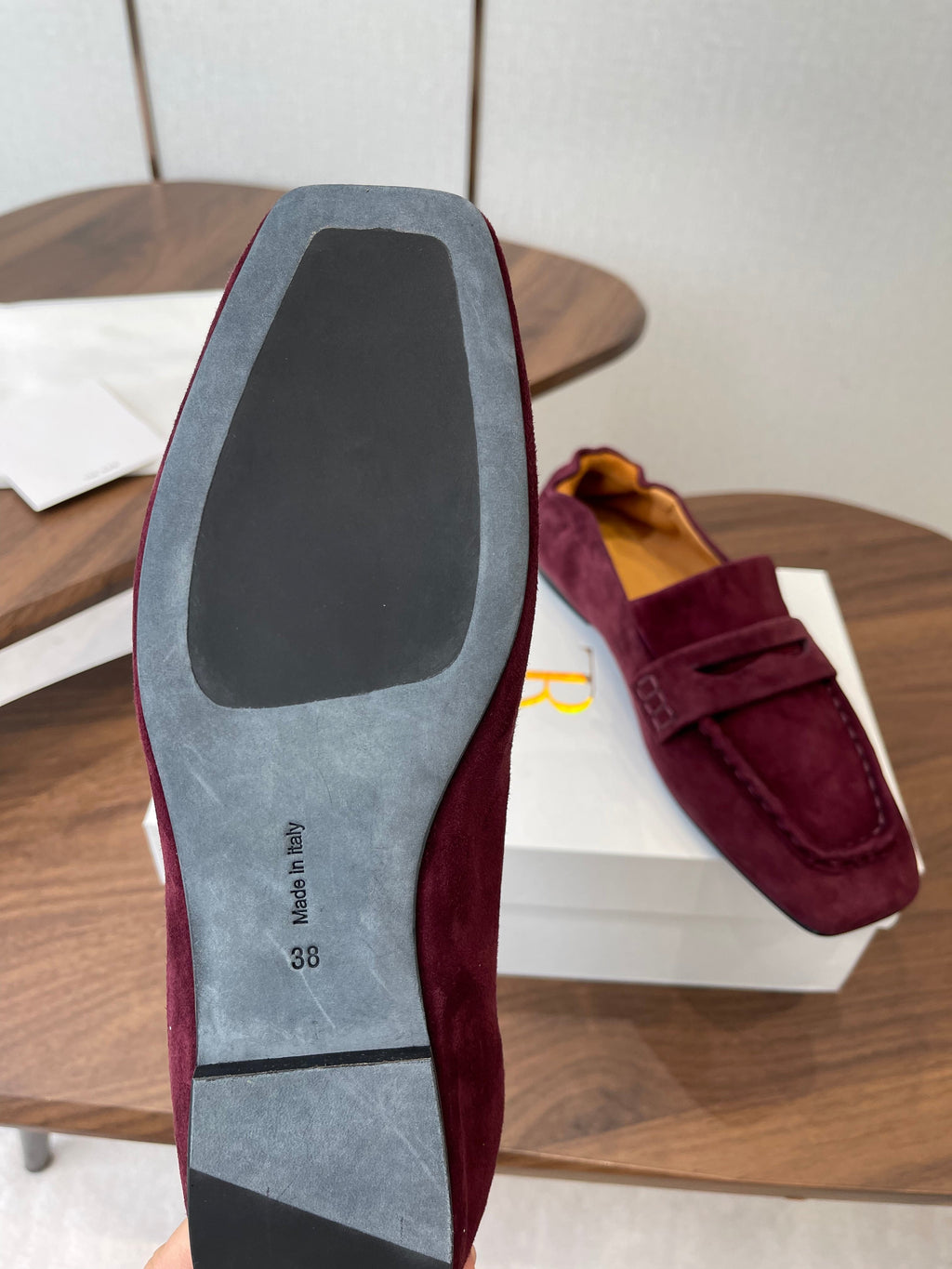 THE ROW 26S SQUARE TOE LOAFERS IN BURGUNDY RED SUEDE