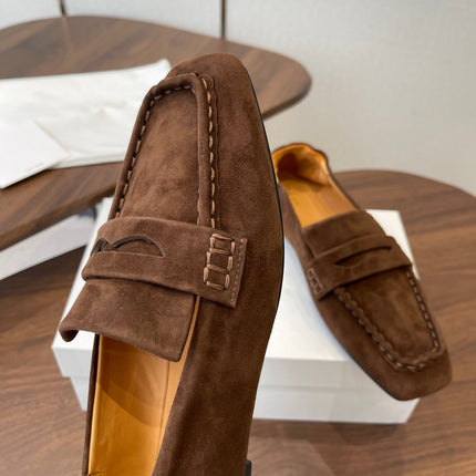 THE ROW 26S SQUARE TOE LOAFERS IN DARK BROWN SUEDE