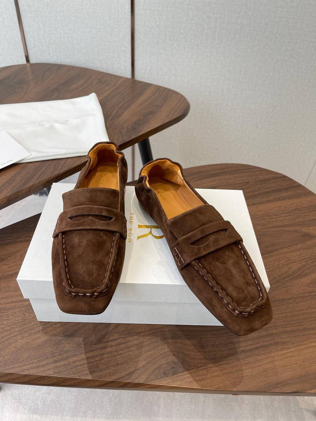 THE ROW 26S SQUARE TOE LOAFERS IN DARK BROWN SUEDE