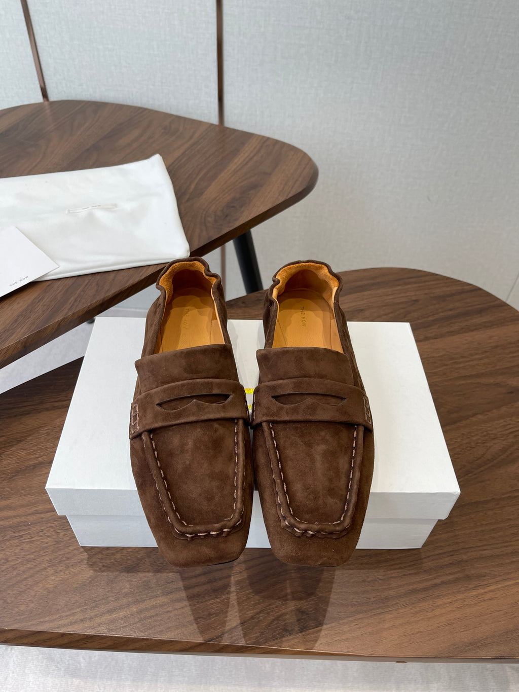THE ROW 26S SQUARE TOE LOAFERS IN DARK BROWN SUEDE