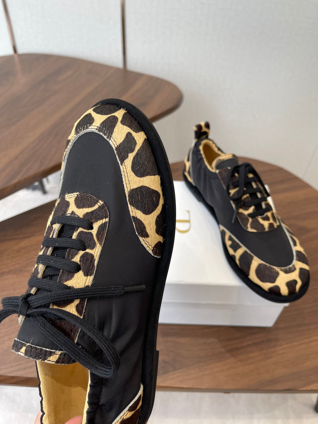 THE ROW 26S SNEAKERS IN LEOPARD PONY HAIR AND BLACK FABRIC
