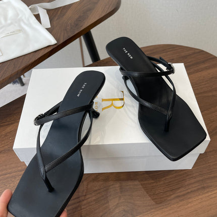 THE ROW 26S SQUARE TOE THONG HEELS IN BLACK CALFSKIN