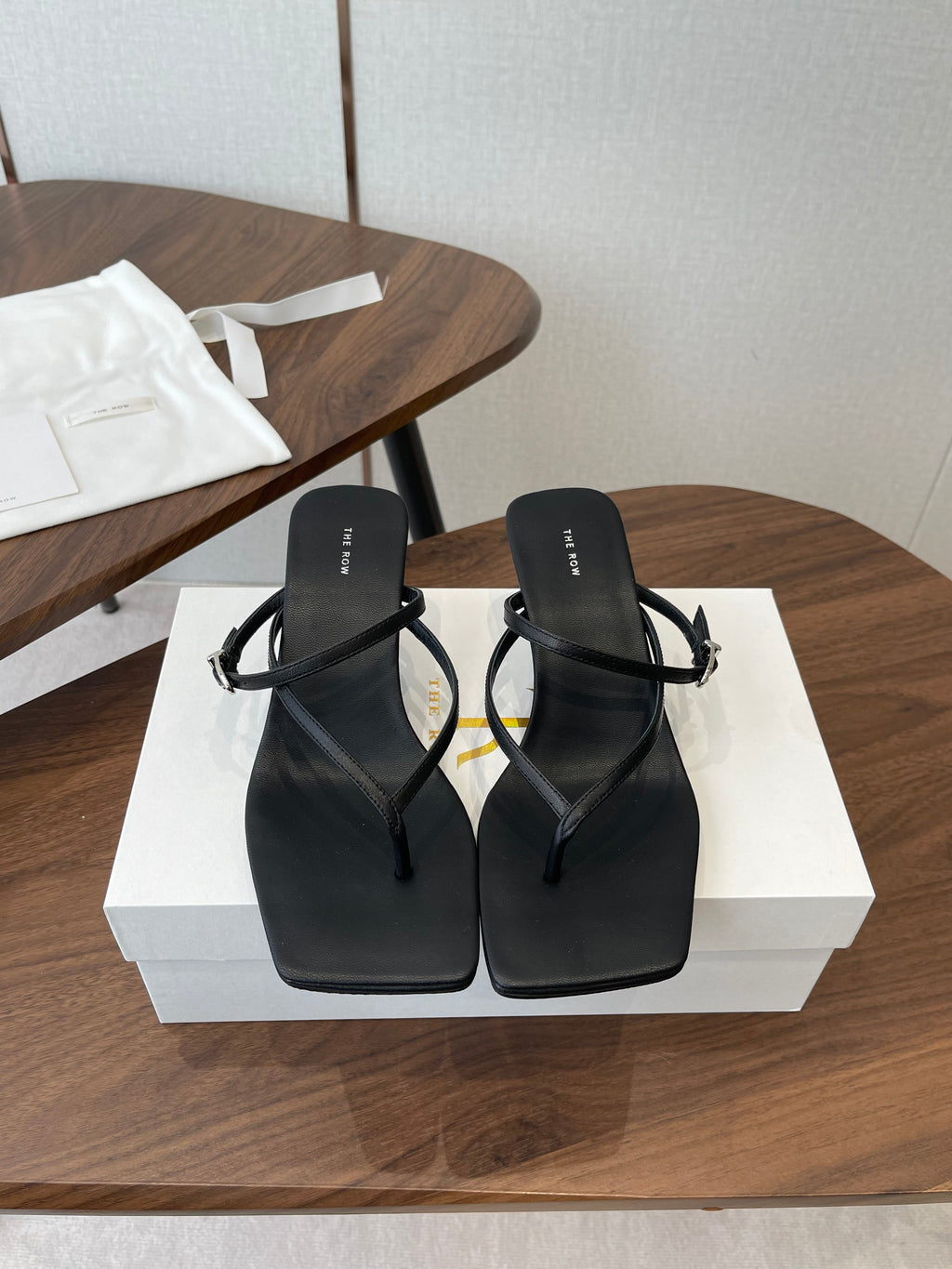 THE ROW 26S SQUARE TOE THONG HEELS IN BLACK CALFSKIN