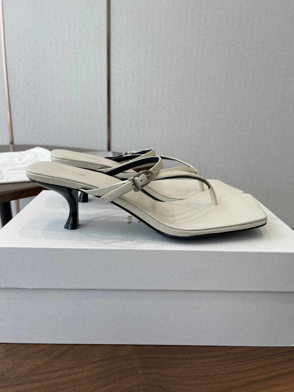 THE ROW 26S SQUARE TOE THONG HEELS IN IVORY WHITE CALFSKIN