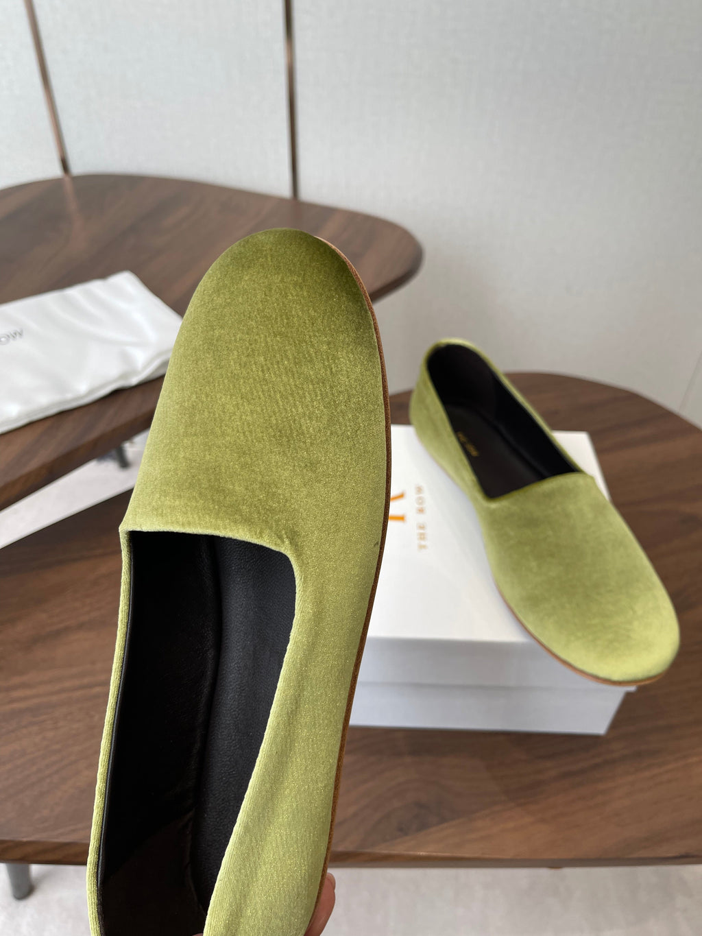 THE ROW 26S BALLET FLATS IN LIGHT OLIVE GREEN VELVET