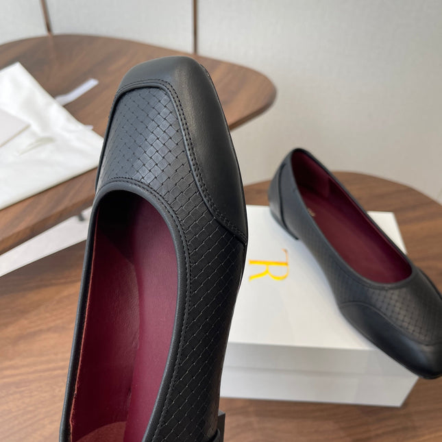 THE ROW 26S SQUARE TOE  BALLET FLATS IN BLACK CALFSKIN