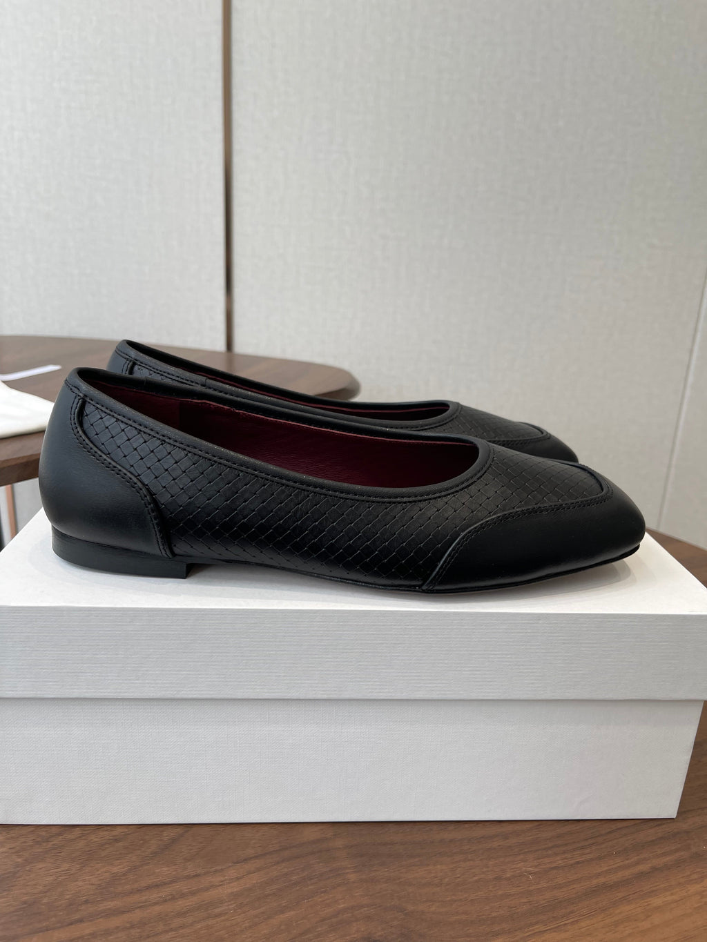 THE ROW 26S SQUARE TOE  BALLET FLATS IN BLACK CALFSKIN