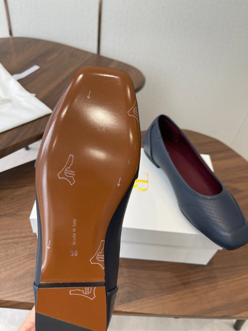 THE ROW 26S SQUARE TOE  BALLET FLATS IN BLUE BLACK CALFSKIN