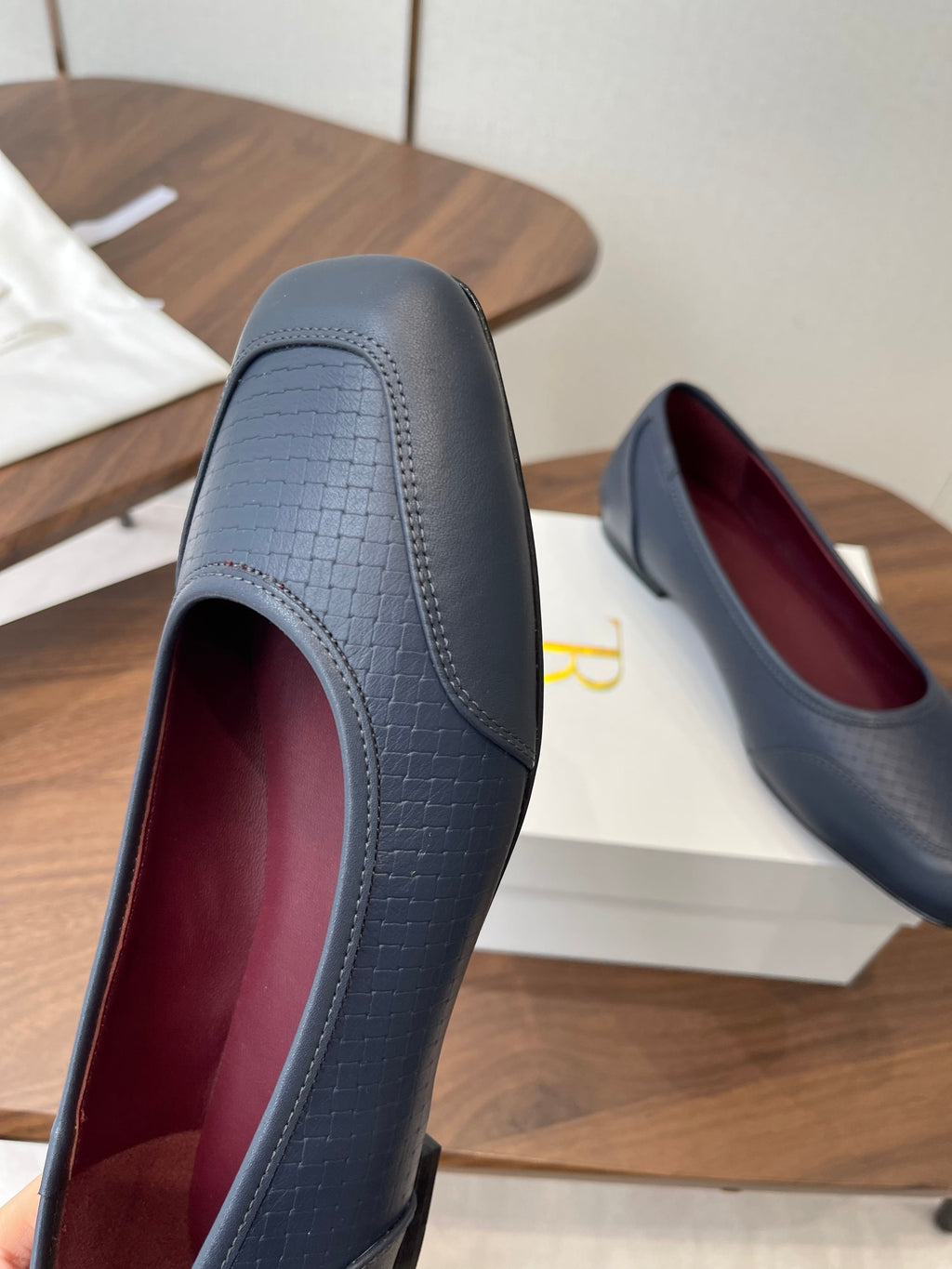 THE ROW 26S SQUARE TOE  BALLET FLATS IN BLUE BLACK CALFSKIN