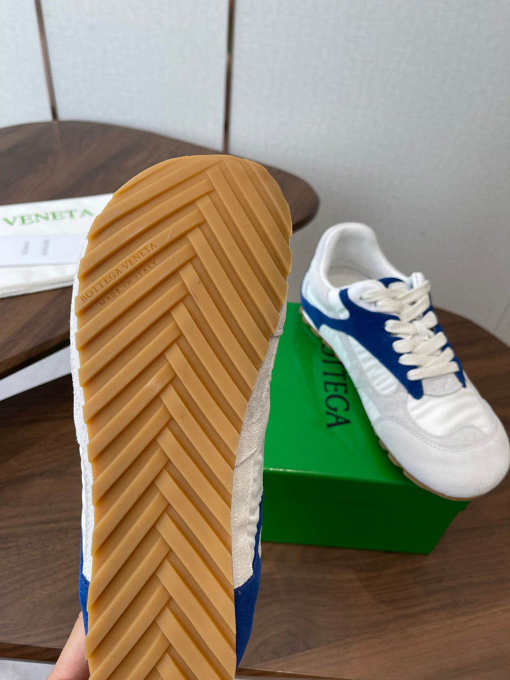 BOTTEGA VENETA 26S ORBIT FLASH SNEAKERS IN WHITE AND BLUE SUEDE