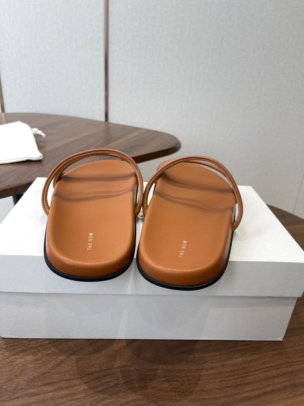 THE ROW 26S DOUBLE STRAP FLAT SANDALS IN CARAMEL BROWN CALFSKIN