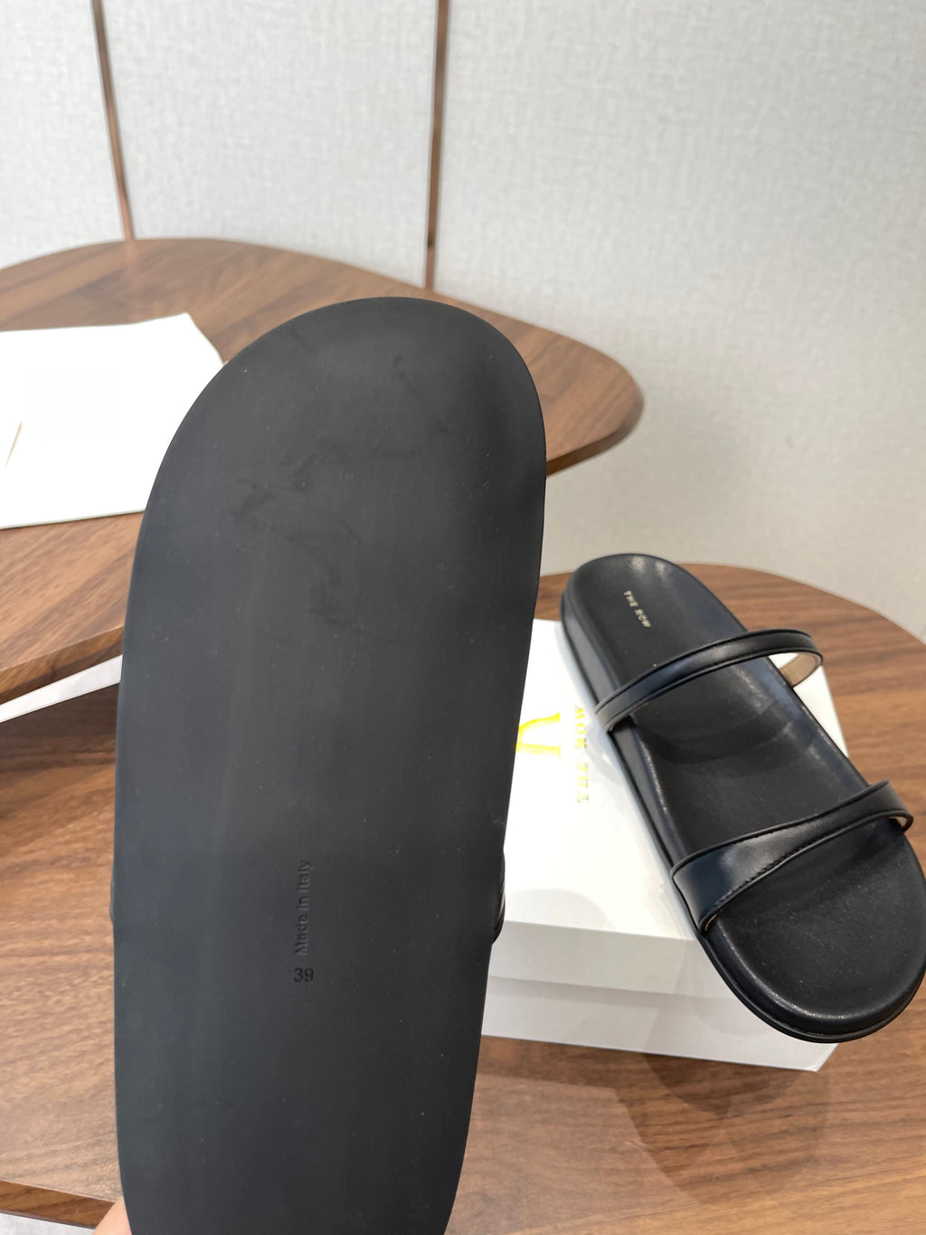 THE ROW 26S DOUBLE STRAP FLAT SANDALS IN BLACK CALFSKIN