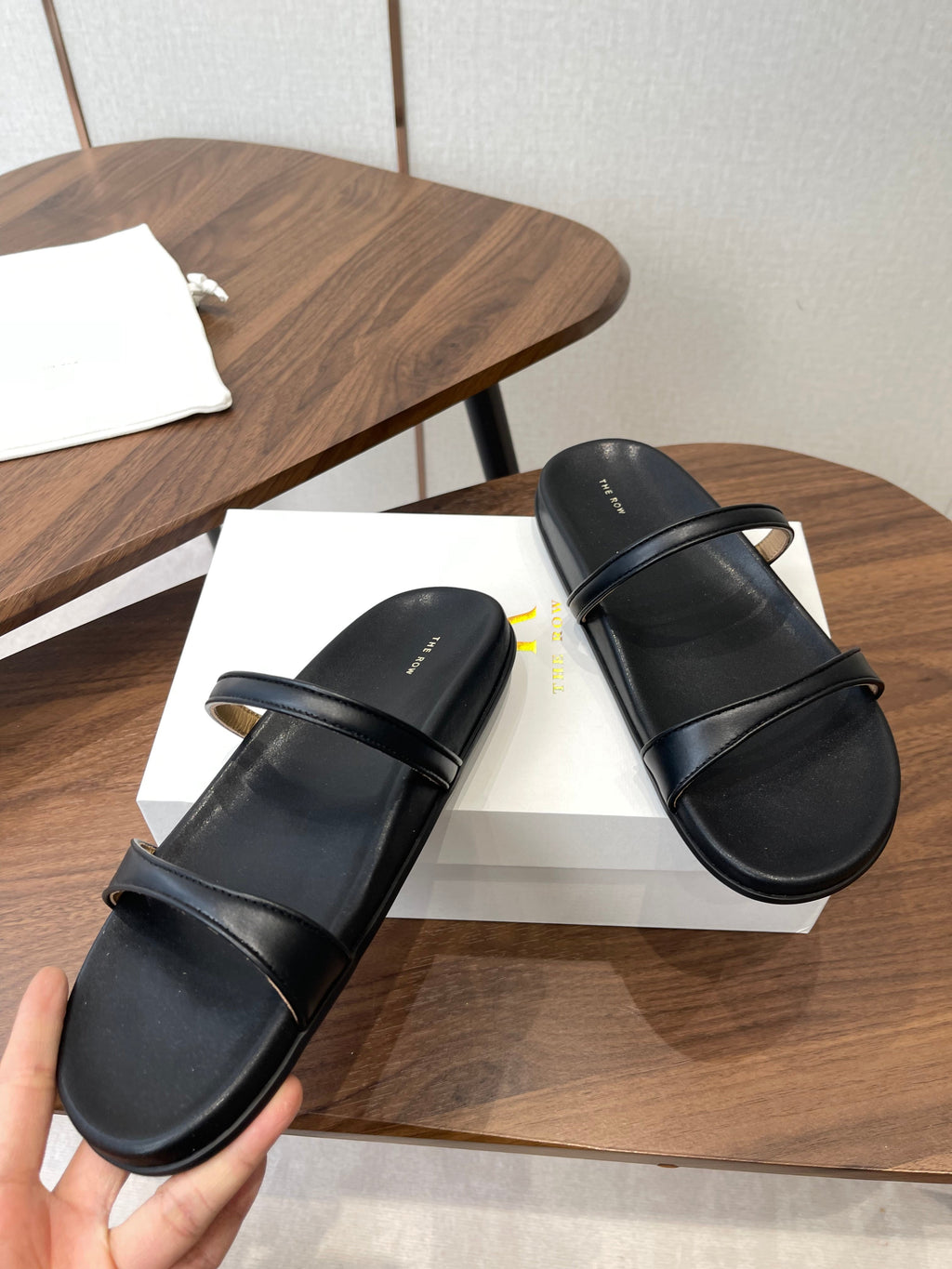 THE ROW 26S DOUBLE STRAP FLAT SANDALS IN BLACK CALFSKIN